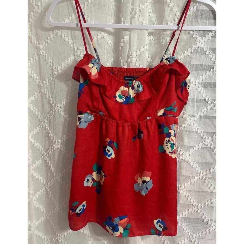 American Eagle Red Floral Ruffle Camisole with Smocked Back Size Medium